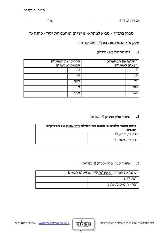 מבחן בתנ"ך לכיתה ט - מבוא למקרא - מושגים ומיומנויות יסוד - תכנית חדשה
